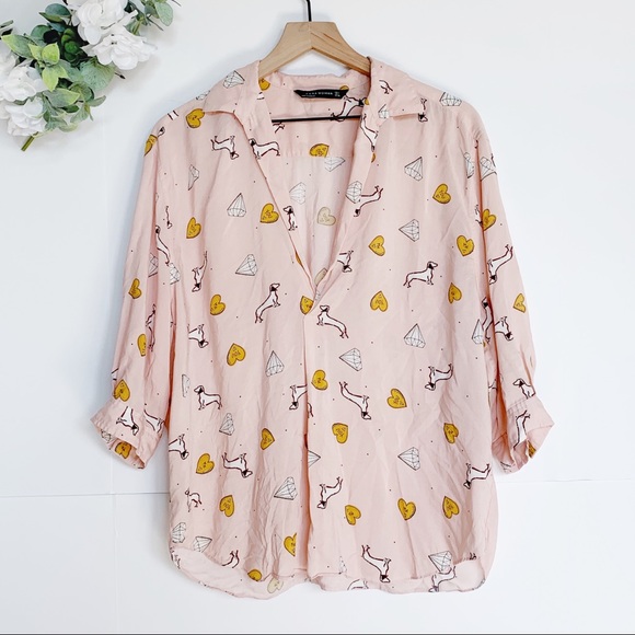 Zara Tops - ZARA Dachshund & Diamond Print Light Pink Blouse